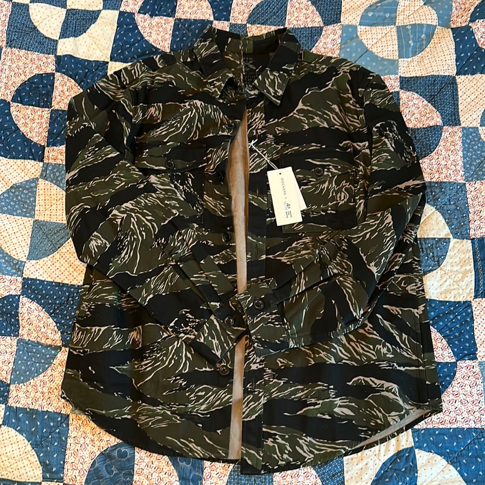 Dockers X Jon Rose for Waves For Water. Classic tiger stripe camo button up.